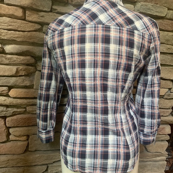 Zara Basics Women’s Ruffled Navy White Plaid Button Up collared neck 3/4 sleeves - Picture 3 of 4